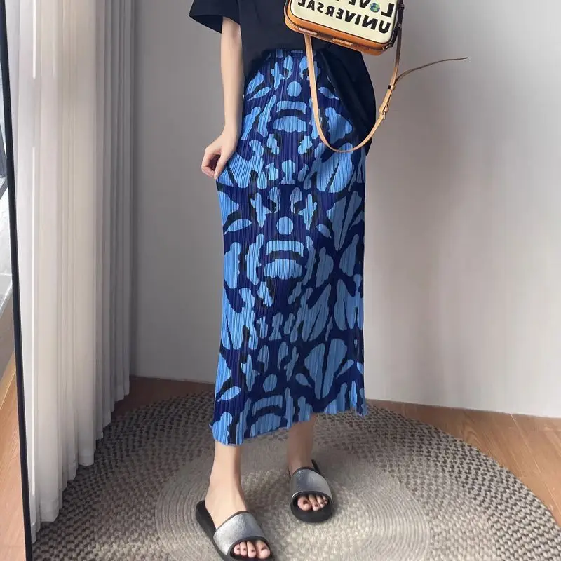 Luxury Design Clothing Women Pleated Skirt Print Elastic High Waist Office Lady Skirt Korean Fashion A-line Mid-length Skirts