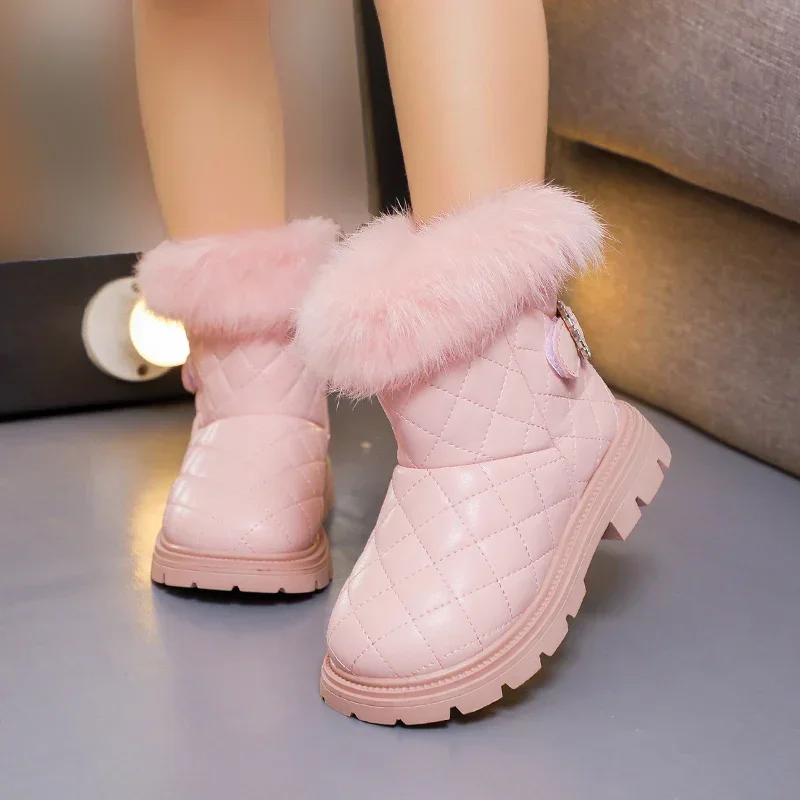 2023 New Girls Leather Shoes PU Warm Plush Solid Color Kids Short Boots Rhinestones Versatile Non-slip Children Casual Boots PU