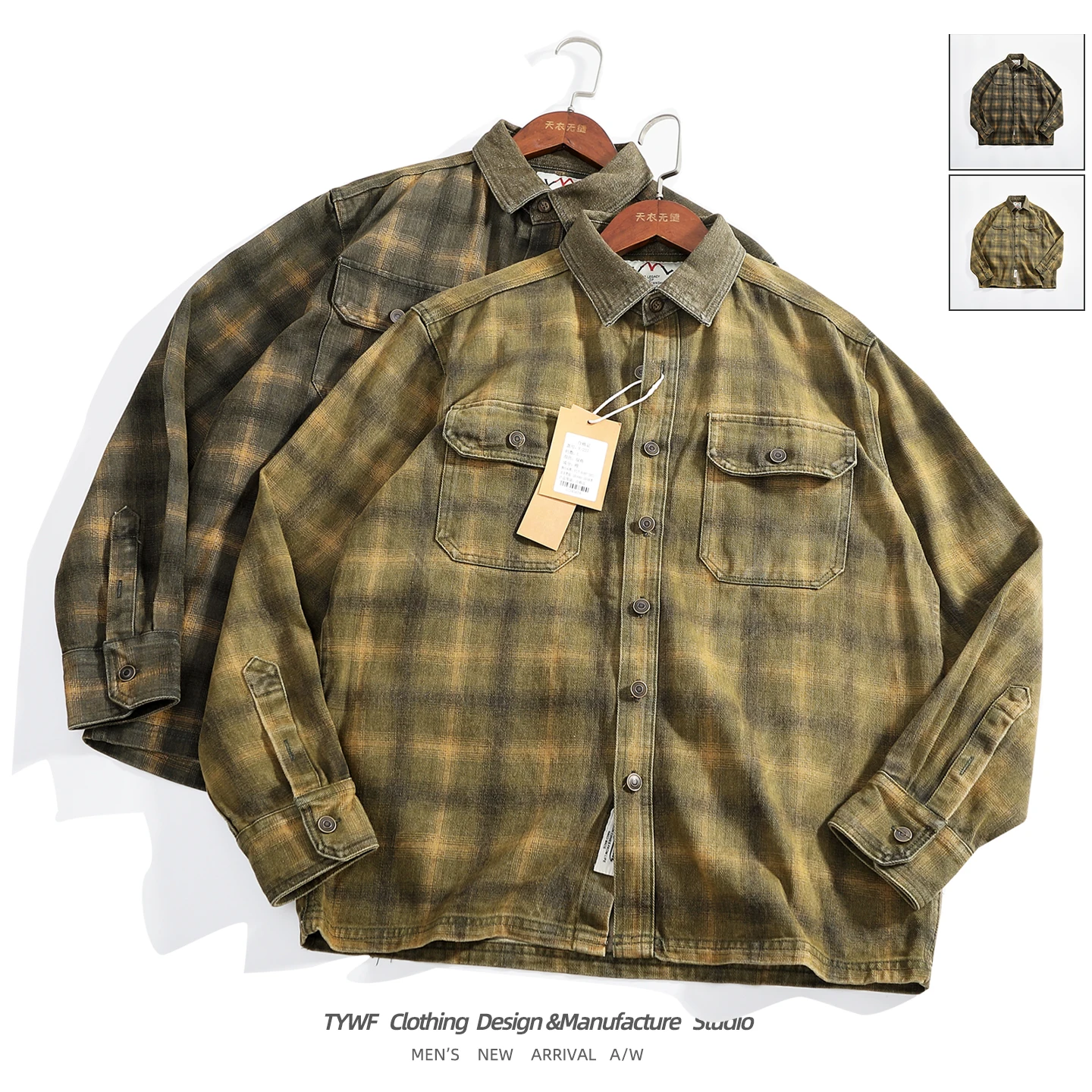 American Style Heavyweight Thick Plaid Workwear Shirt Men's Washed Vintage Denim Loose Coat Trendy Turn-down Collar Long Sleeve