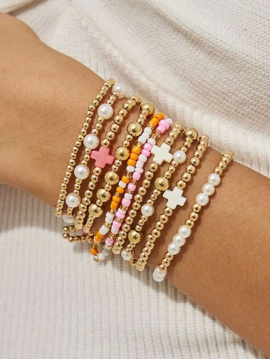 10pcs/Set Vintage Style CCB Beads & Faux Pearl Bracelets, Cross Decor Elastic Stacking Bracelets, Suitable For Women's Daily And