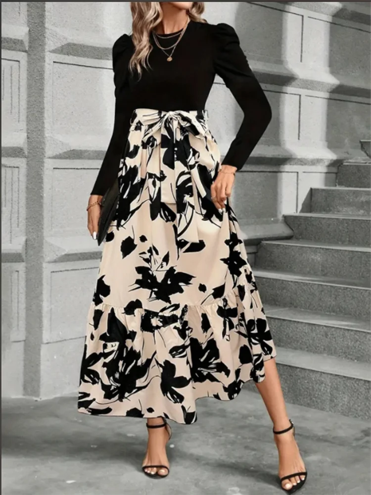 Stylish Color Block Dresses Women Round Neck Long Sleeve Top Floral Printed Dress Autumn Lady Party A Line Dress