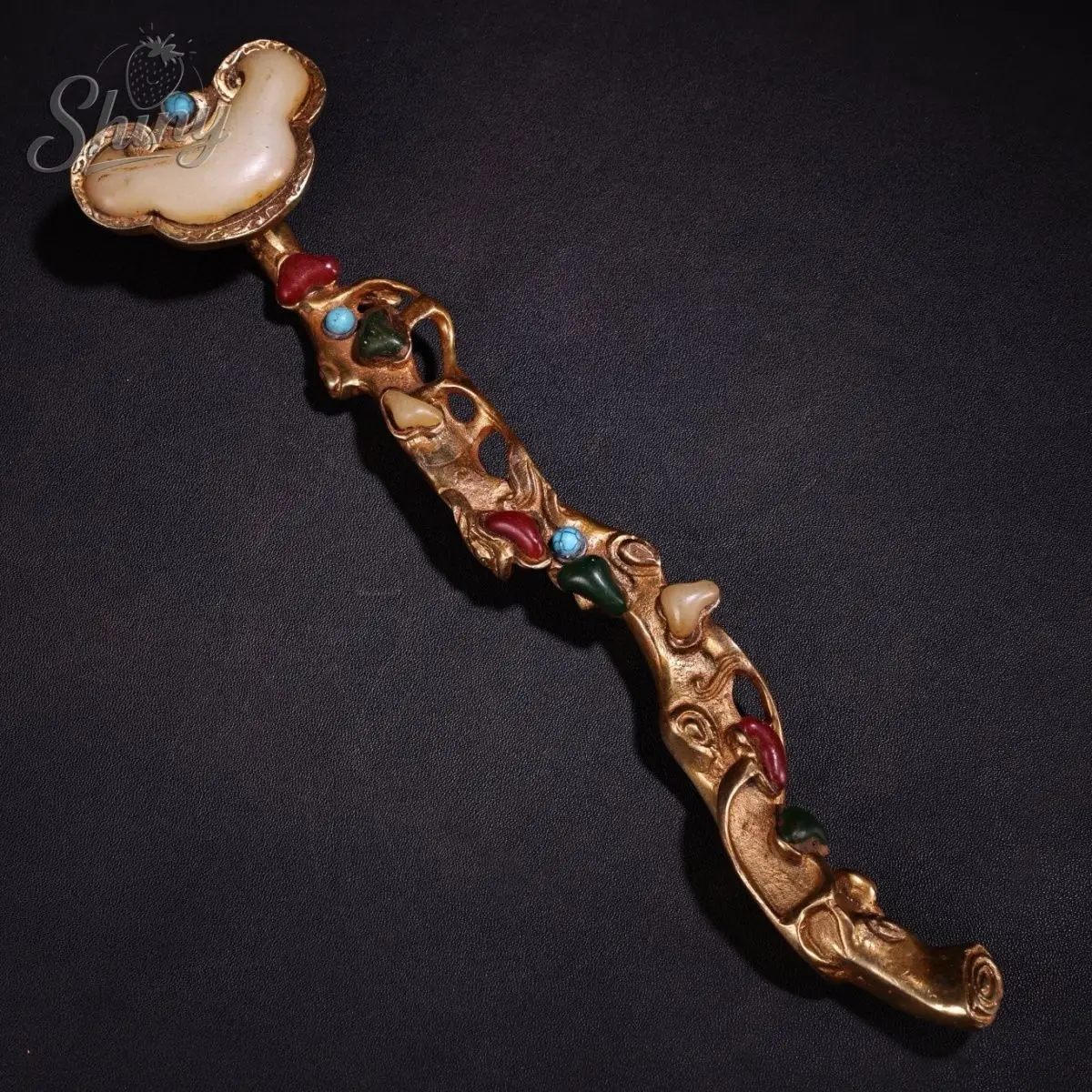 Antique Brass Ruyi Handle Gemstone-Inlaid Carved Lingzhi-Shaped Sculpture Vintage Decorative Piece Feng Shui Home Decor Gift