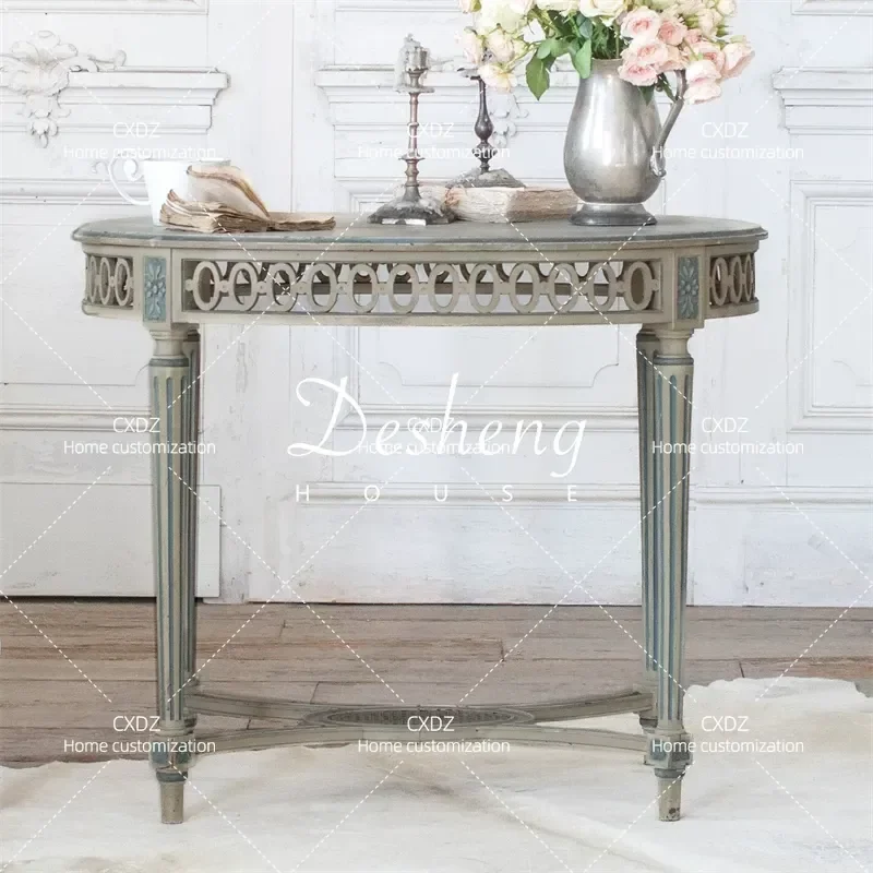 Antique Solid Wood Round Dining Table French Retro Hand Carved Casual Entrance Console Table Vintage Style Home Furniture