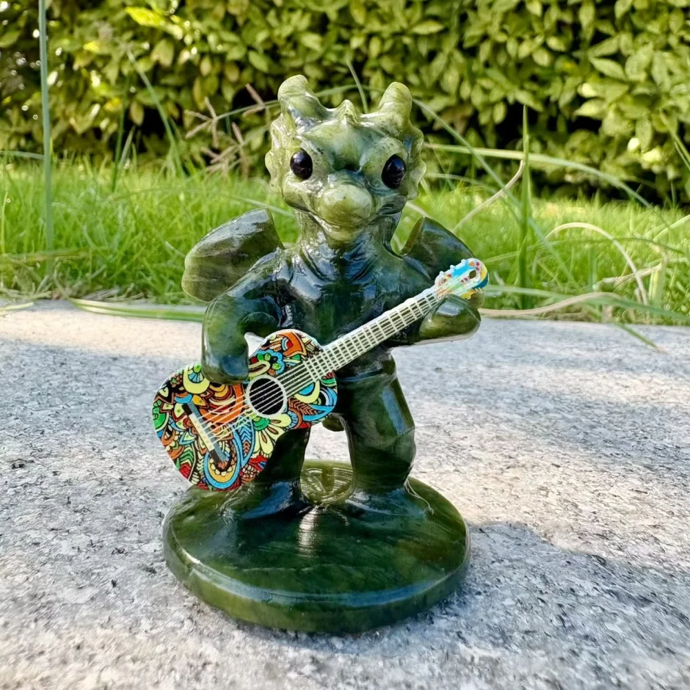 Natural Xiuyan Jade Dragon Figurine Hand Carved Gemstone Dragon Statue With Colorful Guitar Home Decor Reiki Healing Gift