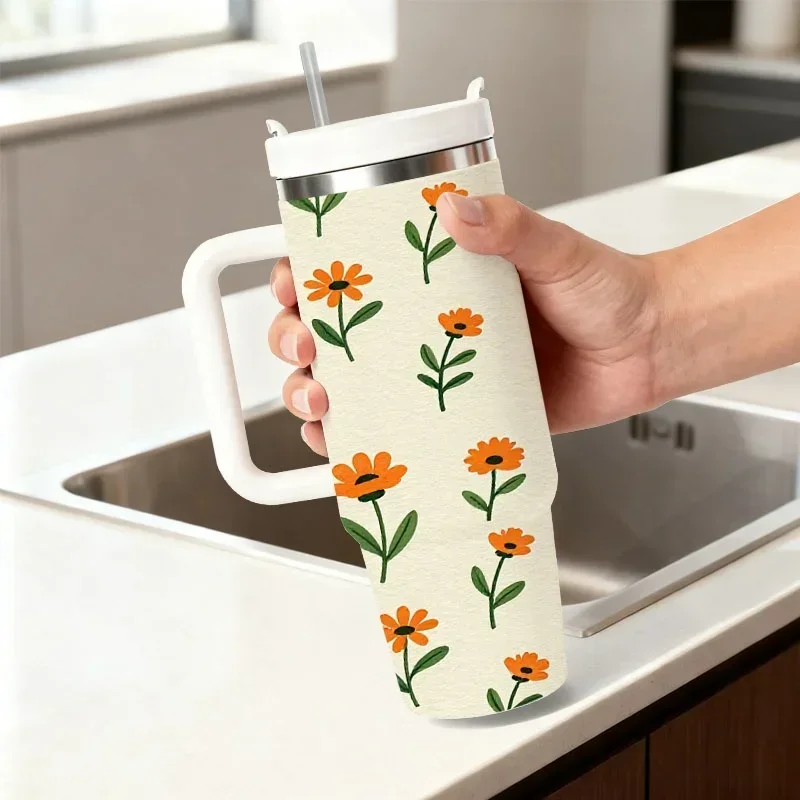 Stainless Steel 40oz Insulated Tumbler with Digital Printed Playful Orange Floral Pattern, Reusable Warm & Cold Drink Cup for Daily Commute, Office, Outdoor Picnics & Everyday Beverage Use