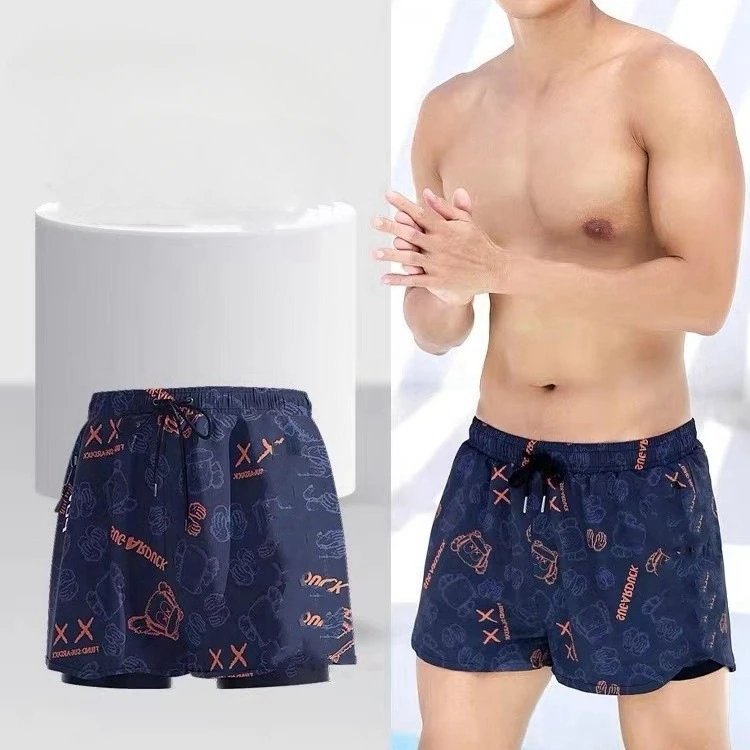 Double layered new printed adult comfortable flat corner pants men's swimming trunks gym shorts