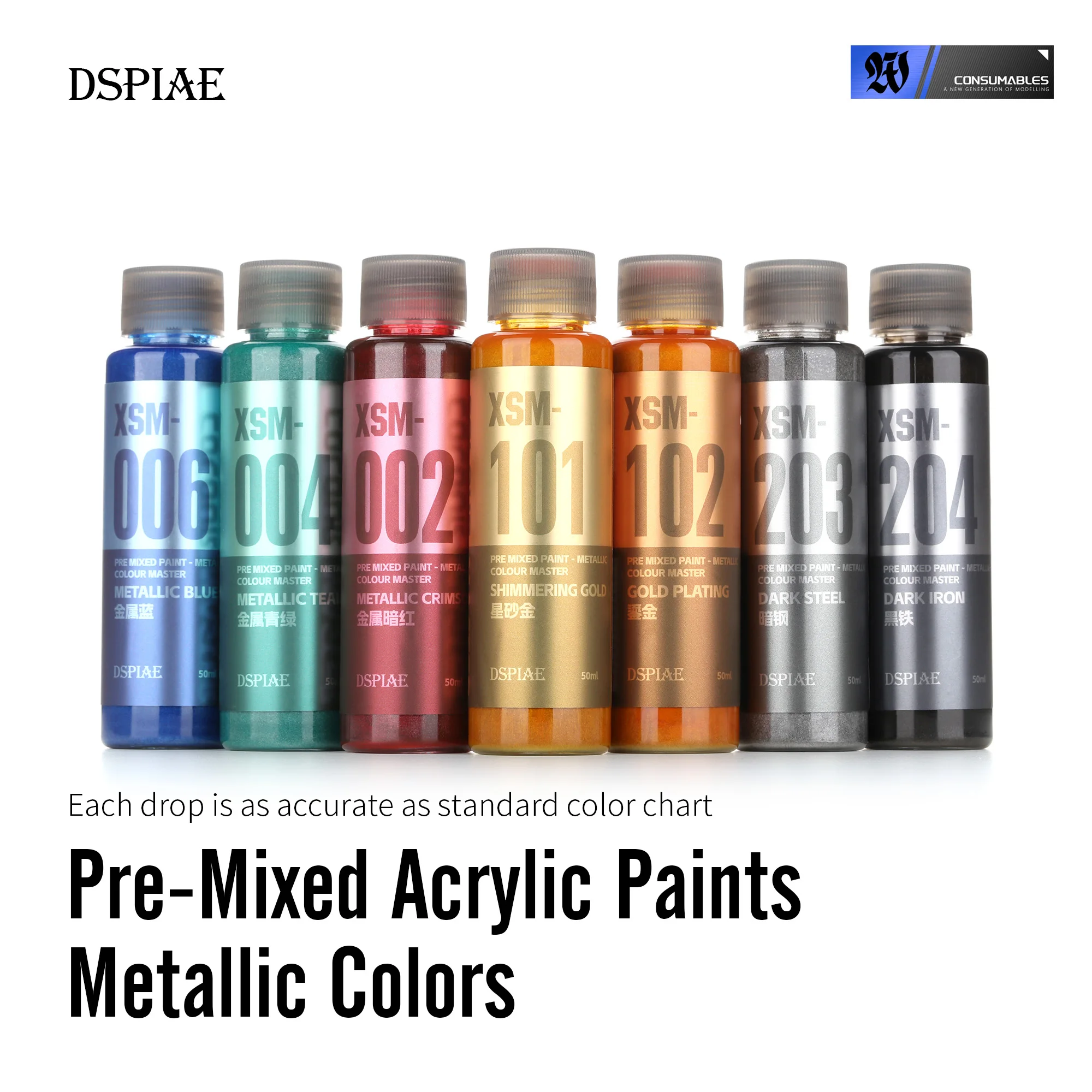 DSPIAE XSM Model Hobby DIY Airbrush Paint Set 50ML Metallic Water-Based Pigments Pre-Mixed for Assembly Spraying Model DIY