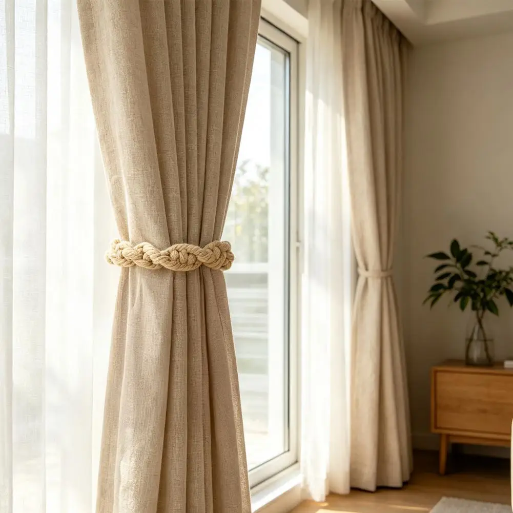 Wall Mounted Drapery Holdbacks Decorative Curtain Straps for Home Hand Braided Cotton Linen Curtain Tiebacks Rustic for Windows