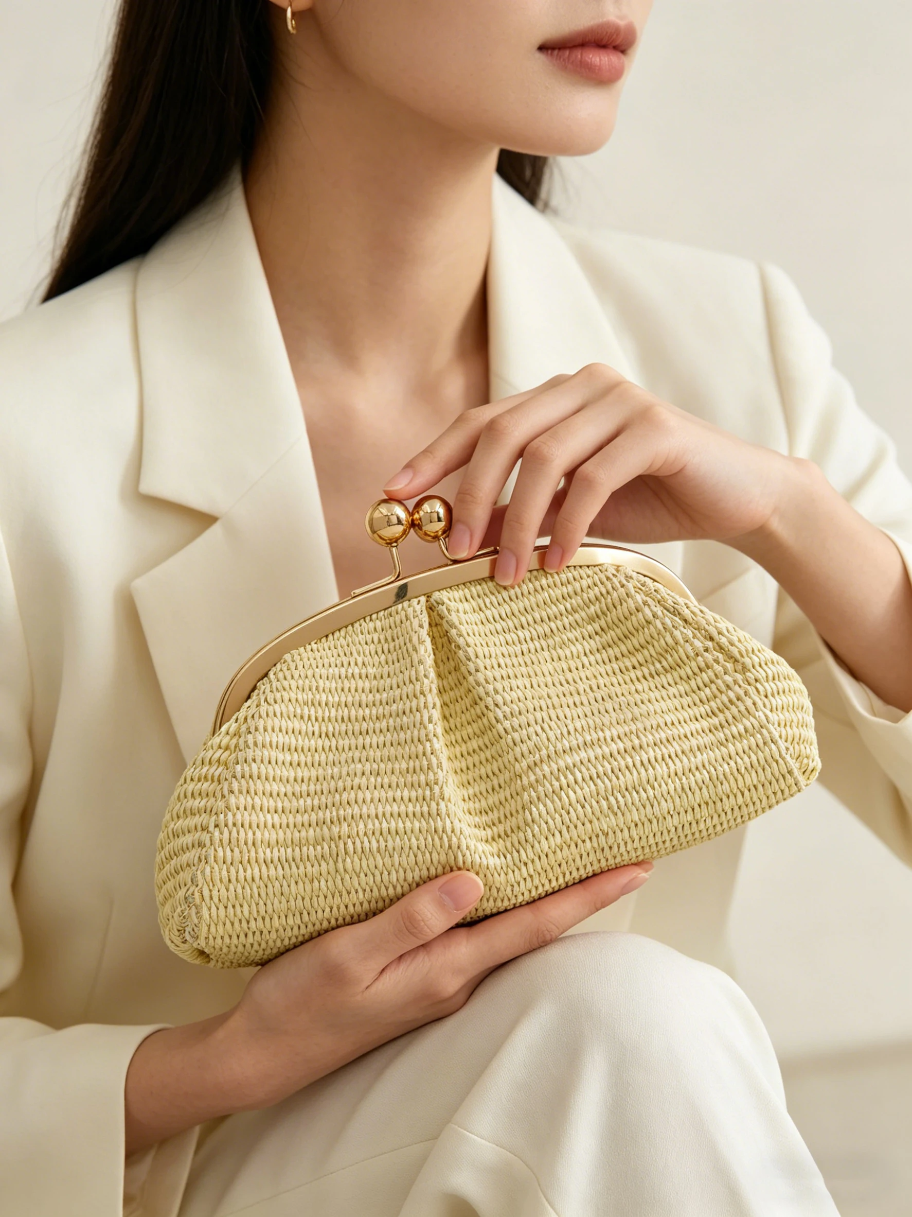 

2026 new French lemon yellow straw frame bag, niche pleated woven cloud women clutch, 3-way design for hand-held, underarm and c