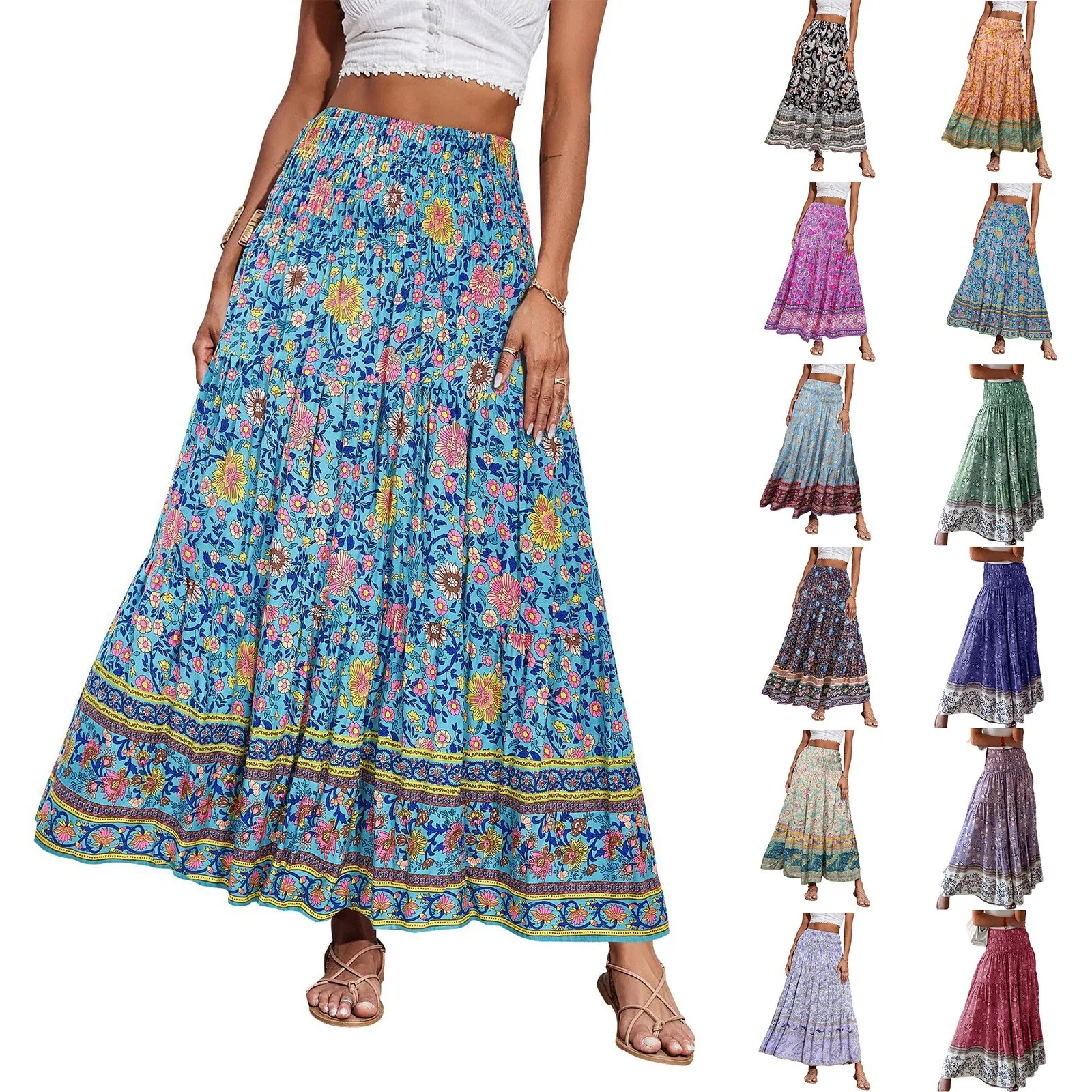 Women Chiffon Skirts High Waist Korean Harajuku Dress Elegant All-Match Long Skirts Women Casual Floral Printed Ropas De Mujeres