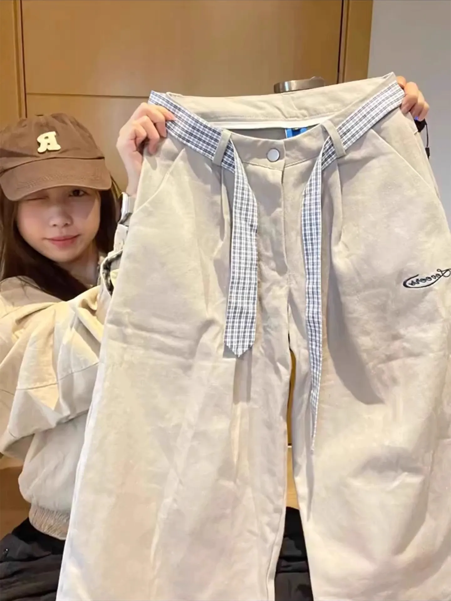 

Широкие брюки с вышивкой American Vibe для мужчин и женщин, повседневные брюки со съемным поясом, уличная рабочая одежда