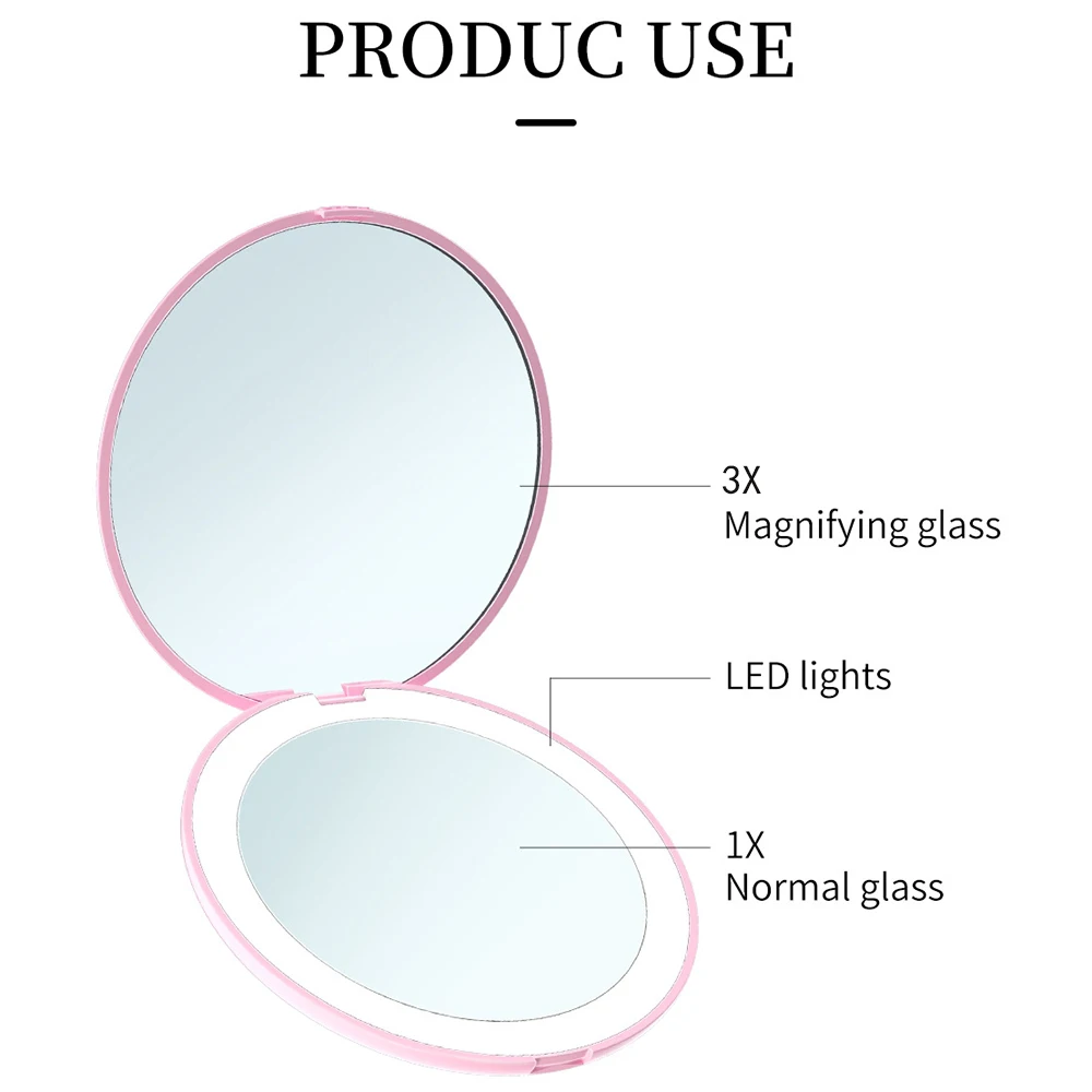 LED Lighted Travel Makeup Mirror 3x Magnification Compact Mirror Portable Handheld Folding Battery Cosmetics Mirror For Handbag