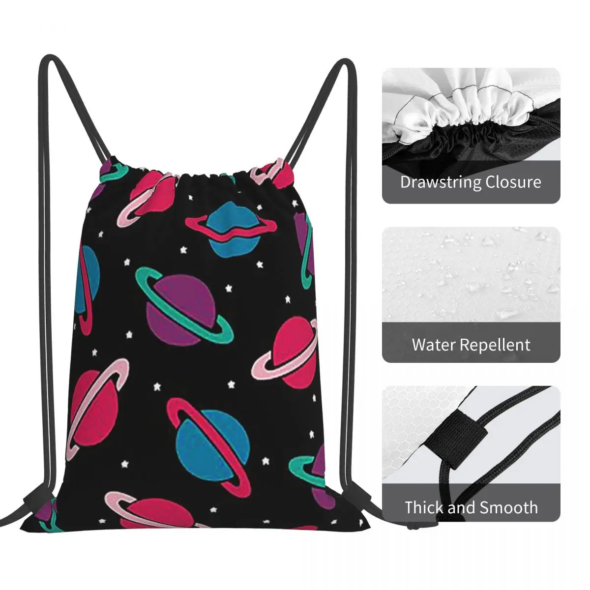 Neon Space Planets Pattern Backpacks Casual Portable Drawstring Bundle Pocket Storage Bag Book Bags For Man Woman Students