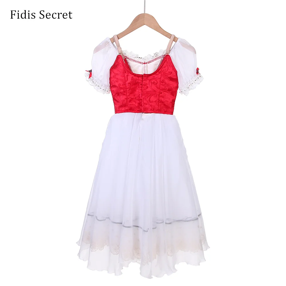 Red Bodice Peasant Stage Wear w/White Long Skirt,Girls Napoli Romantic Ballet Dress,Ballerina Dancing Performance Tutu Costumes