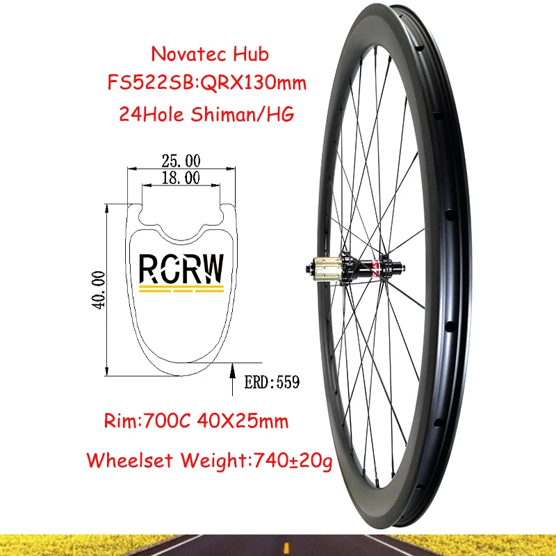 700C Road 40X25mm Rear Wheelset Carbon Rim 24Hole Tubeless Clincher 25 Wide 40 Deep Novatec FS522SB V Brake Shima Hub Campy XDR