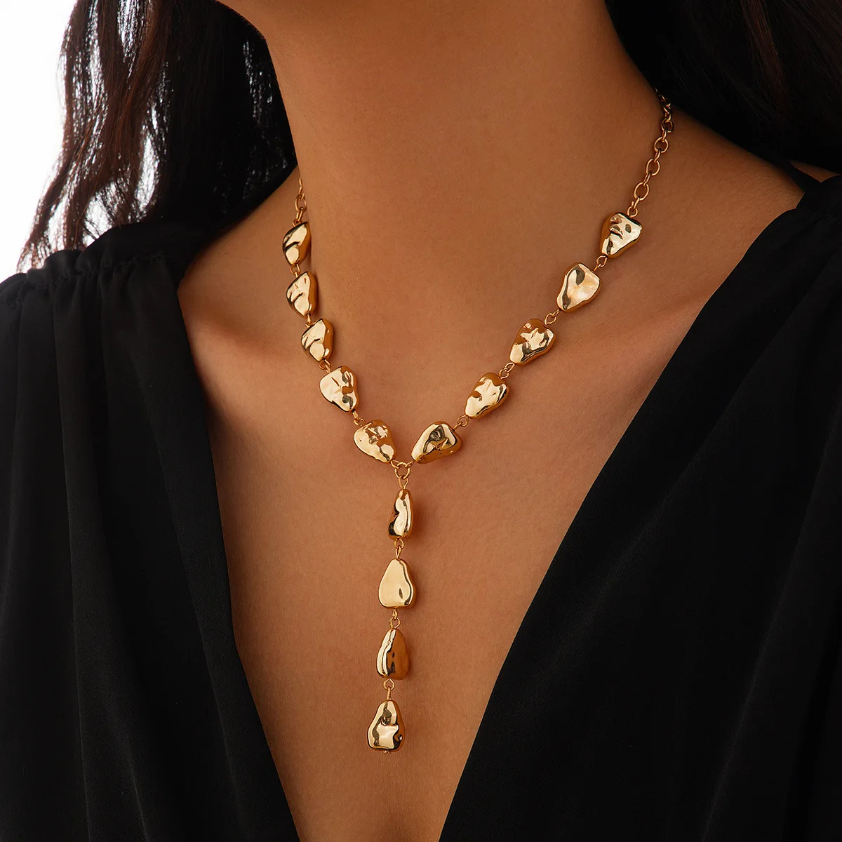 Y Shape Necklace Teardrop Tassel Handmade Baroque Beads Elegant Gold Tone Adjustable Lightweight Daily Office Jewelry