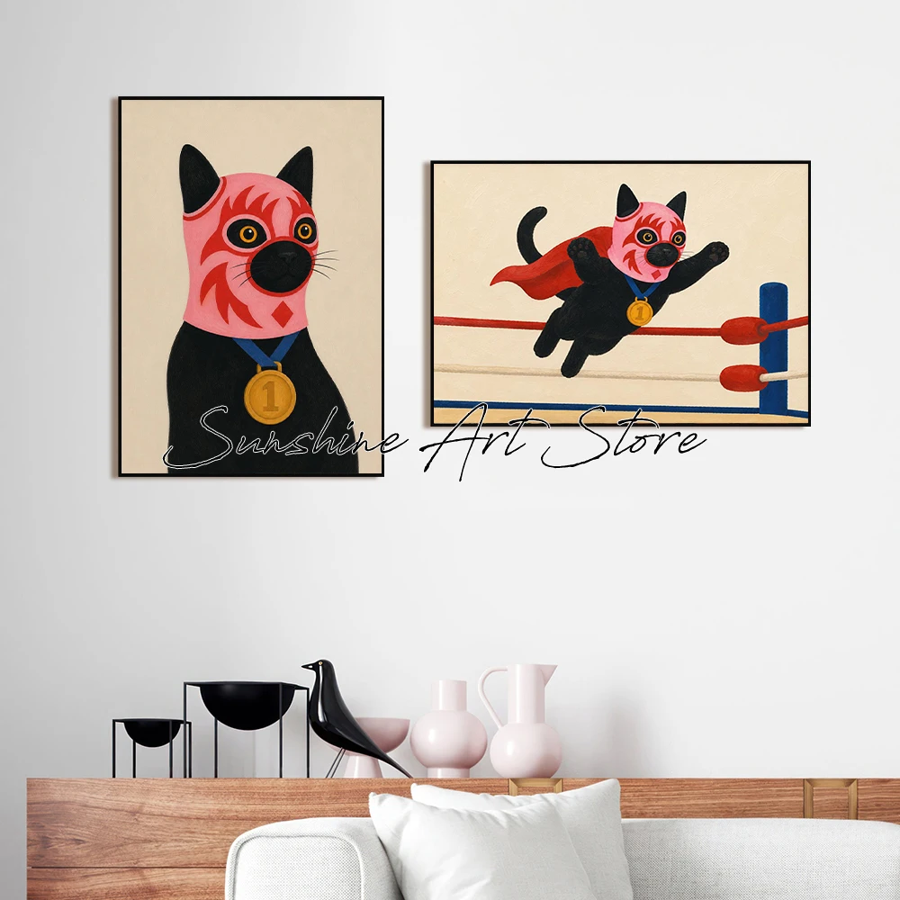 Black Cat Wrestler Cute Meme Wall Art Pink Lucha Libre Mask Painting Whimsical Cat Decor Canvas Painting Wall Picture Home Decor