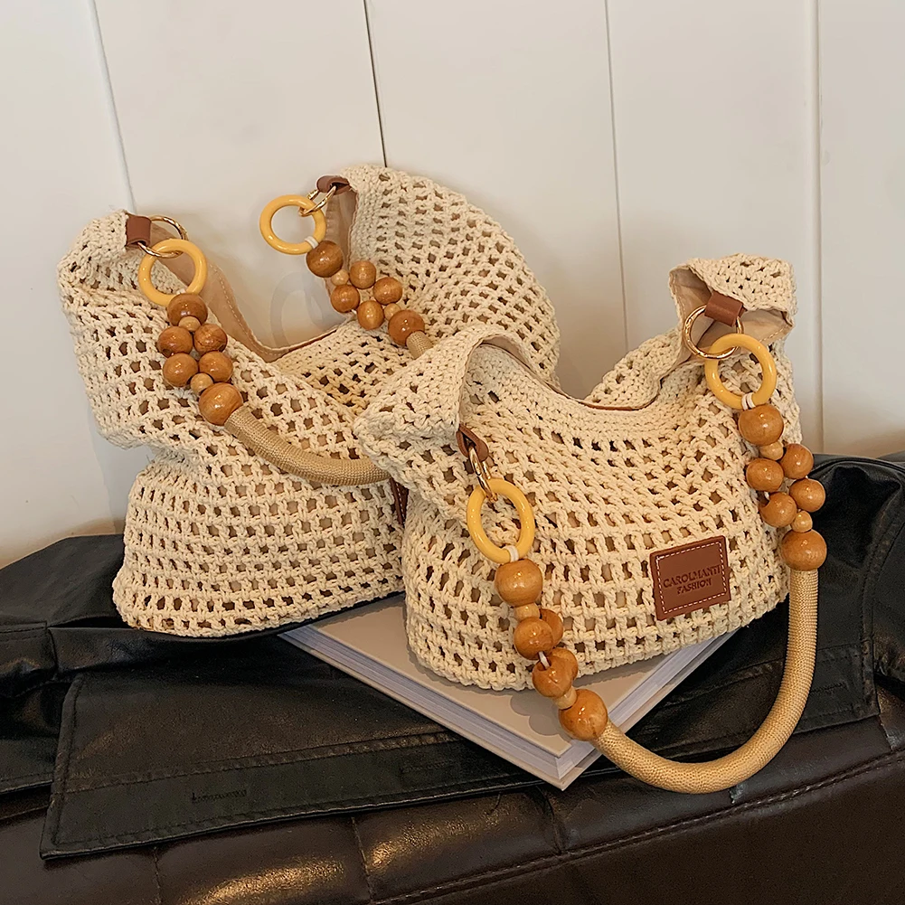 حقيبة شاطئ صيفية للنساء بحزام قابل للتعديل حقيبة كتف منسوجة ذات سعة كبيرة حقيبة متماسكة حقيبة هوبو لقضاء عطلة السفر #2