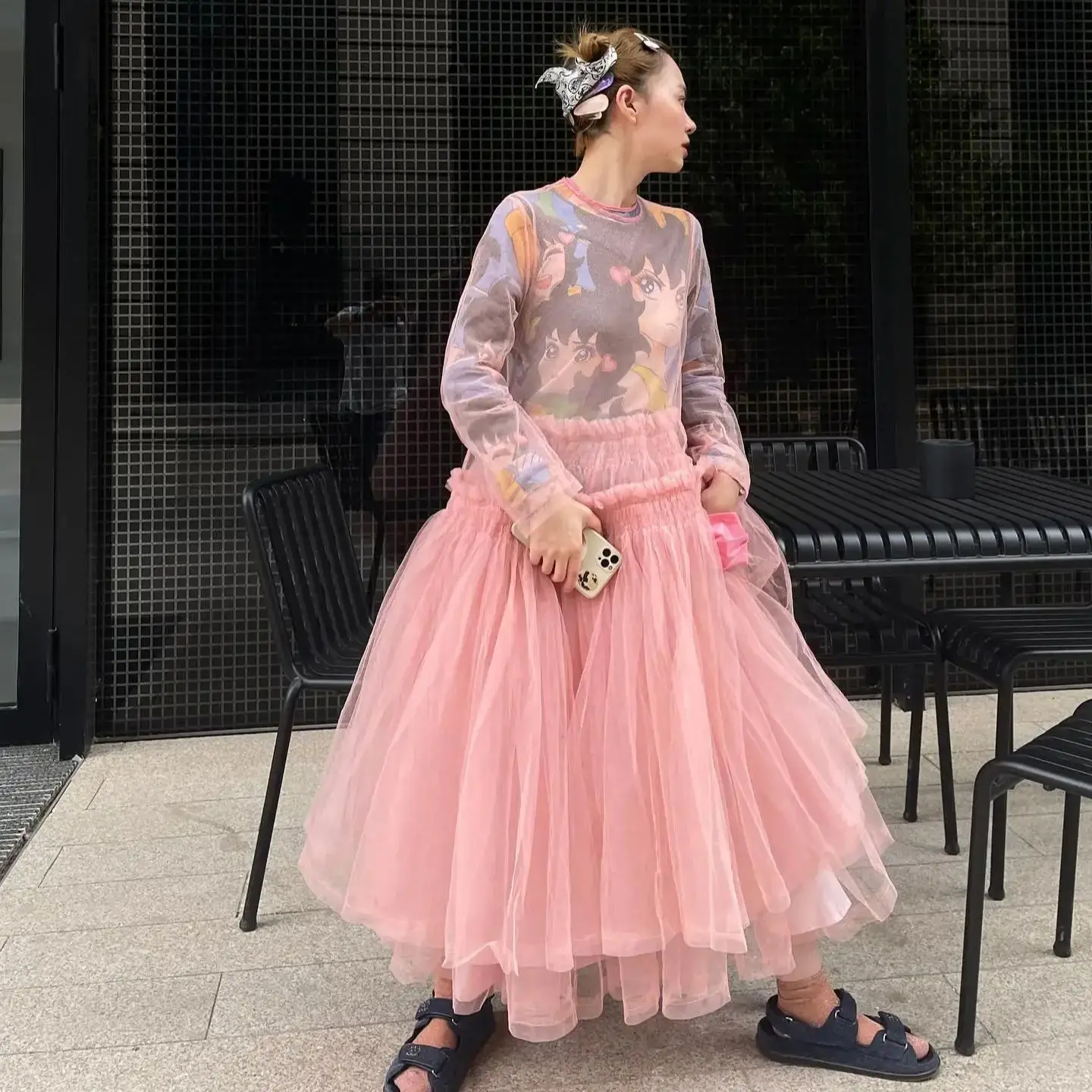 SERENDIPIDTY See Through O-neck Long Sleeve Tulle Midi Length Woman Clothes Ruffled Layered Party Dress Sexy Casual Dresses Y2K