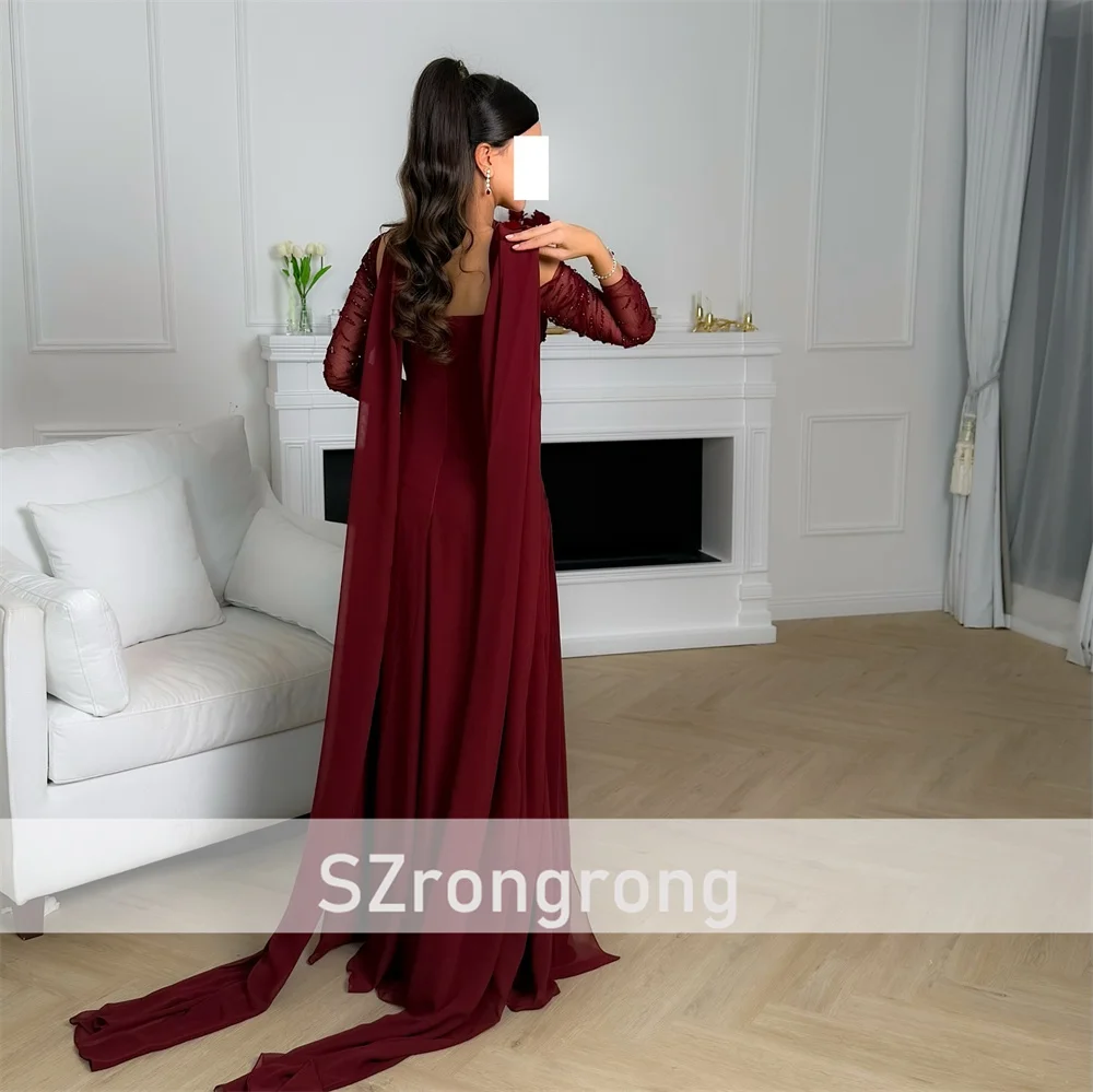 قارب طوق الشيفون مطوي غمد ثوب مسائي عارية الذراعين الطابق طول مطرز فستان عربي سعودي مع كم طويل مخصص