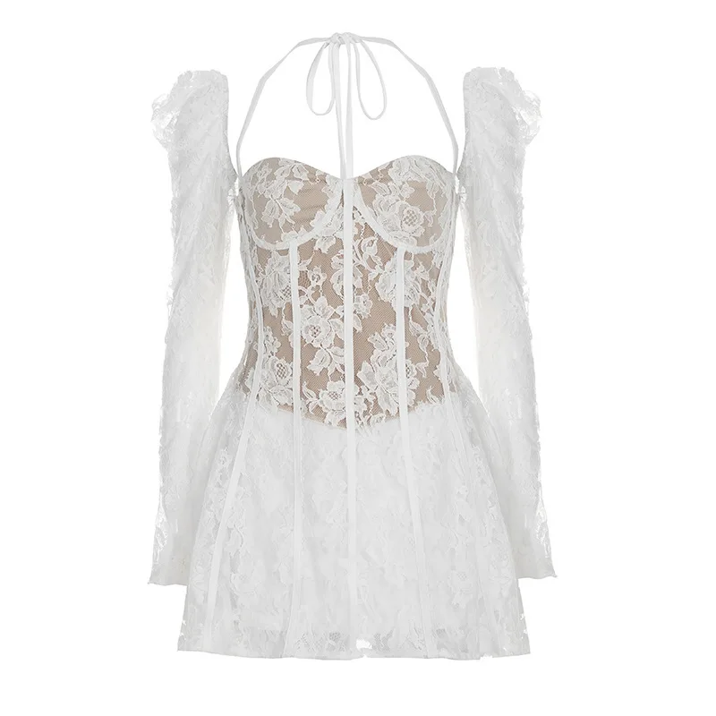 

French court lace splicing bubble sleeve dress design waist women's short skirt