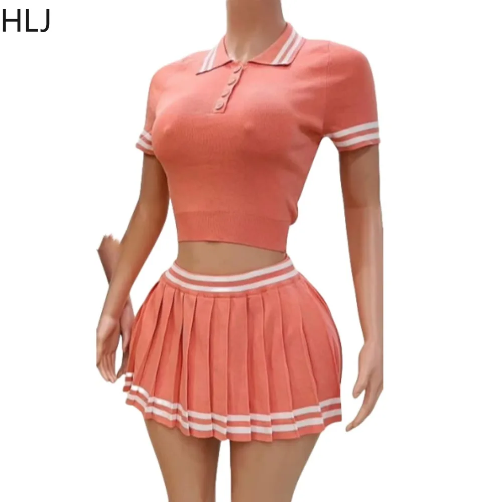 HLJ Y2K Fashion Knitting Mini Pleated Skirts Two Piece Sets Women Turndown Collar Short Sleeve Slim Crop Top And Skirts Outfits