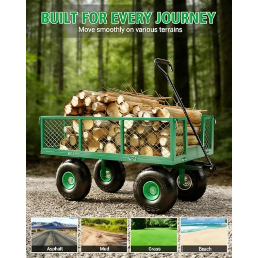 Steel Garden Cart, Capacity Utility Outdoor Wagon, Heavy Duty Mesh Garden Metal Wagon with Removable Sides, Flexible Handle for
