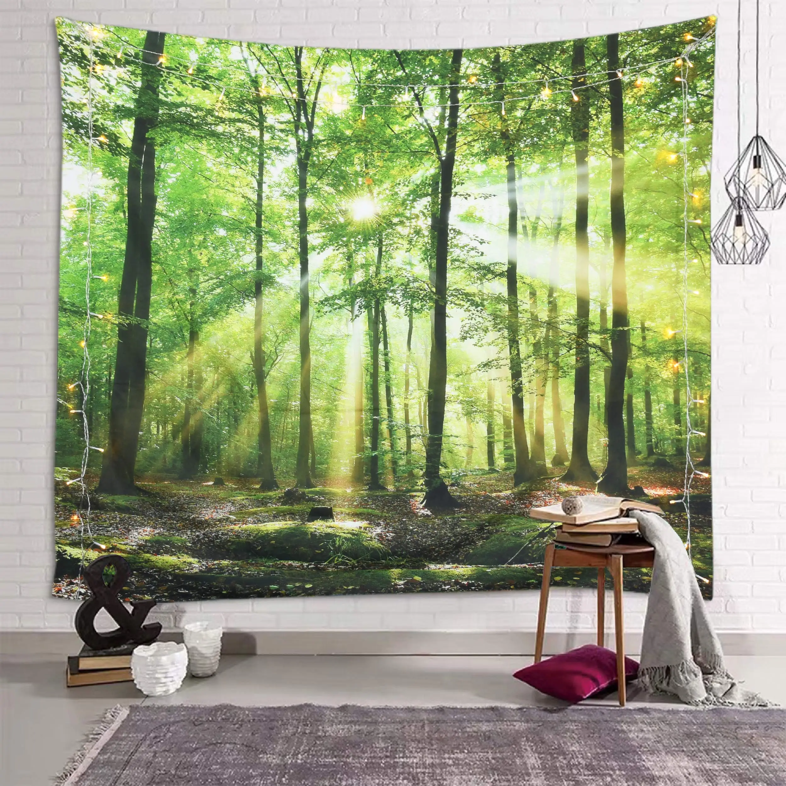 Forest Tapestry Morning Sun Rays Through Trees Summertime Countryside Scenic Wall Hanging for Bedroom Living Room Dorm Decor