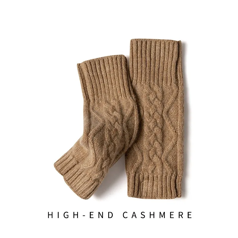 100% Real Cashmere Autumn Winter Thick Cable Gloves Mitten Fingerless Warm Wrist Length Thumb Hole Mitts Classic Female Elegant