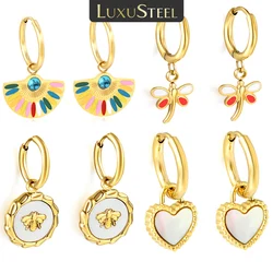 LUXUSTEEL 트렌디 쥬얼리 스테인레스 스틸 오일 드립 팬 라운드 서클 후프 귀걸이 18K 골든 도금 나비 하트 쉘 귀걸이