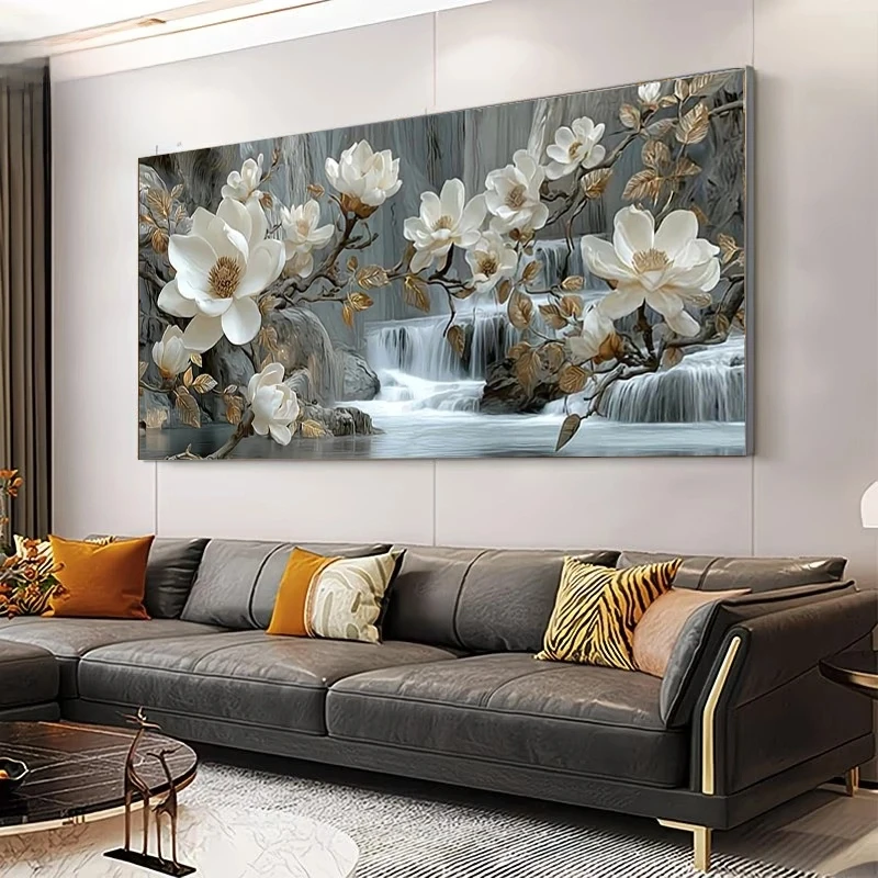 5D DIY Diamond Painting Ethereal Waterfall White Magnolia, Full Diamond Mosaic Golden Flowers Diamond Embroidery Kit Rhinestone