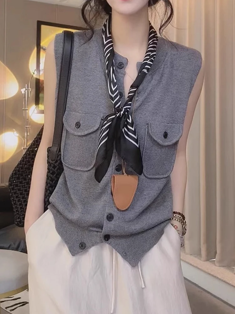 

Korean Style Sleeveless Knitted Cardigan Comfortable Casual Top Pure Color Slimming Women's Fashion Vest Summer Commute Wind