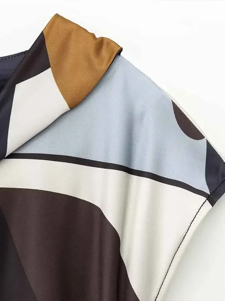 ヨーロッパ風の新しいレディースファッション、万能で上品なサテン生地プリントの半袖ミディ丈ワンピース