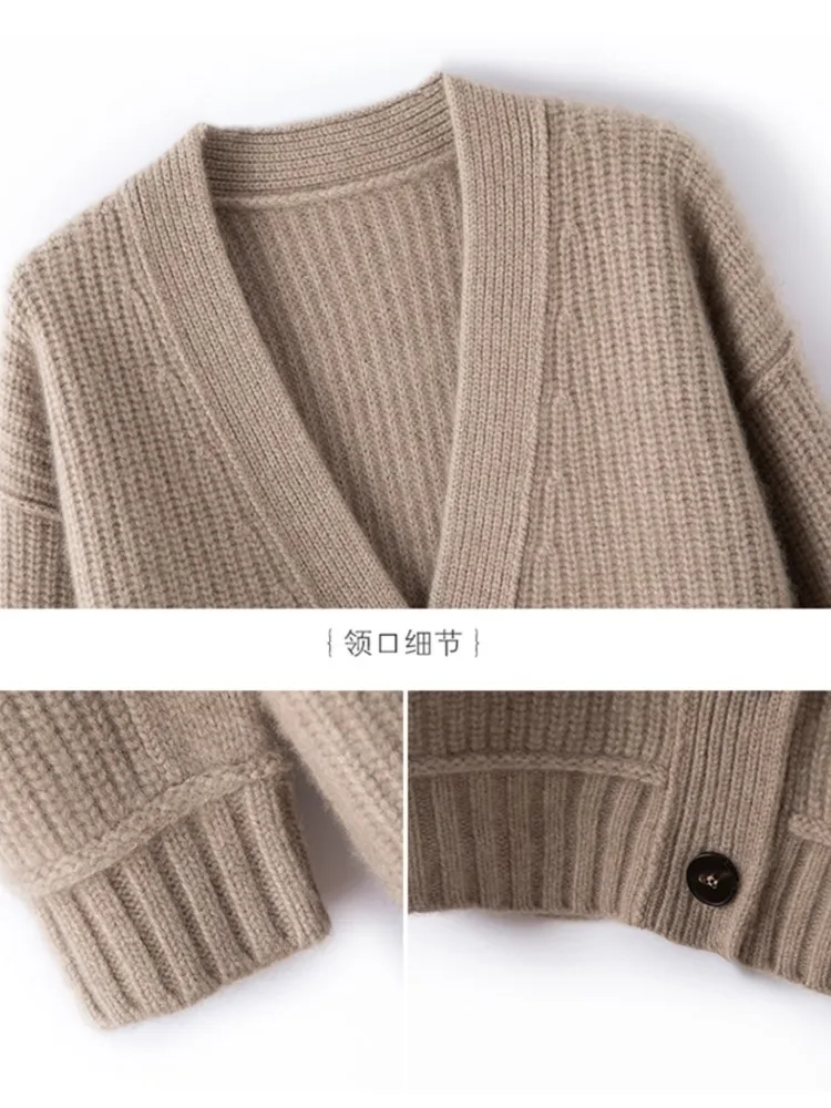 Knitted V Neck Women's Cardigans Sweater Casual Single Breasted Loose Long Sleeve With Pocket Coat Korean Fashion Autumn Winter