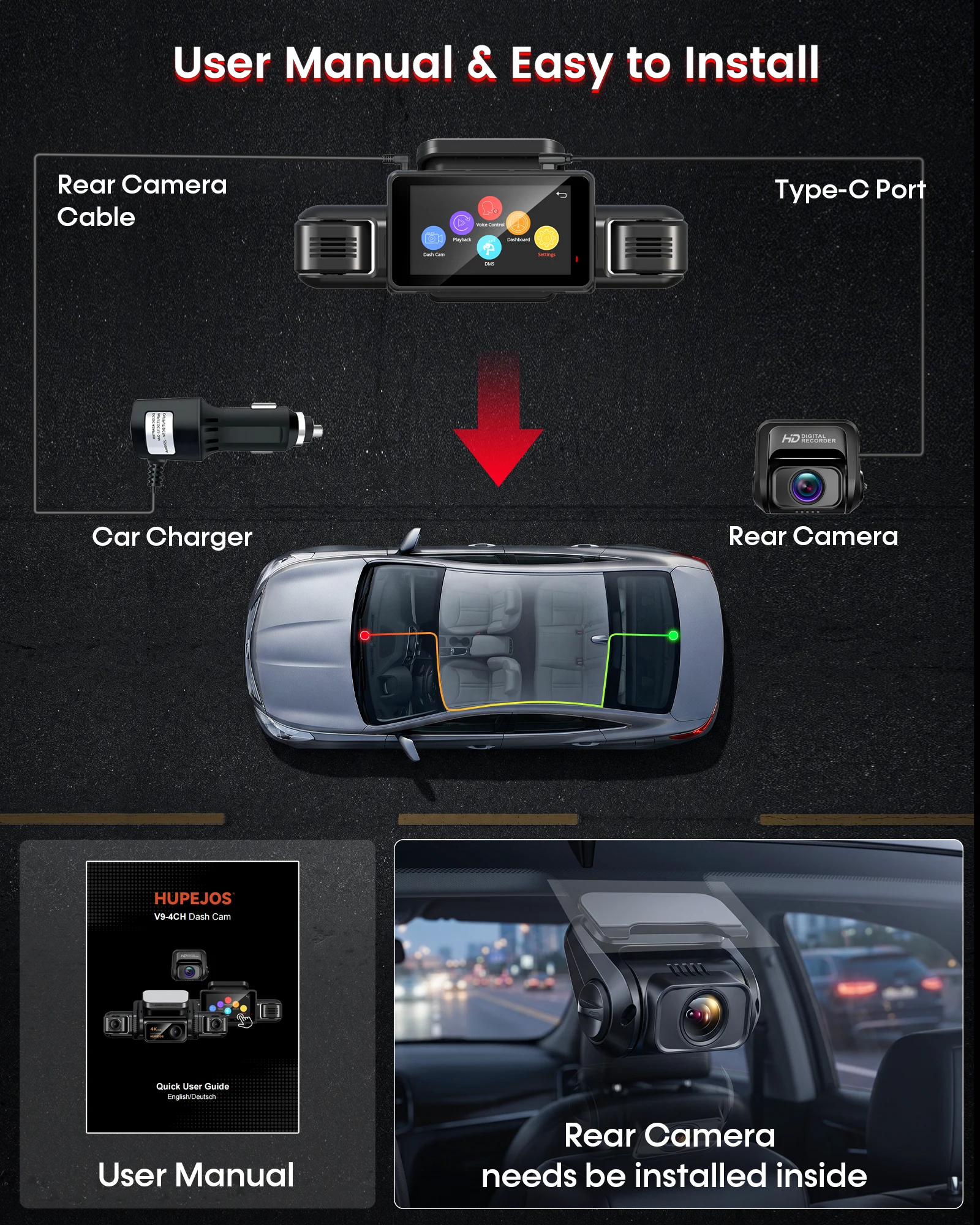 HUPEJOS V9 4CH 360° ° 4K Dashcam, KI-DMS-Monitor, WLAN & GPS, Nachtsicht, Touchscreen & Sprachsteuerung, 24/7 Parkmodus – Detail 10
