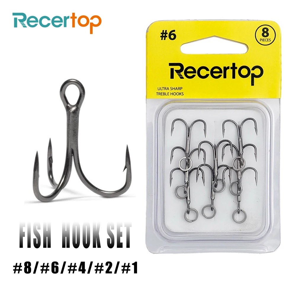 

Recertop 8PCS / LOT High Carbon Steel #1#2#4#6#8 Sharp Treble Fishing Bait Hooks Accessorie Fish Hook Set For Fish Lure Tackle