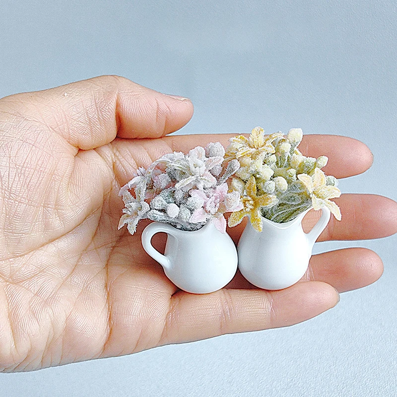 1:12 Dollhouse Miniature Milk Bottle Flocking Flower Plant Flower Pot Model Doll House Home Garden Scene Decor Toy Accessories