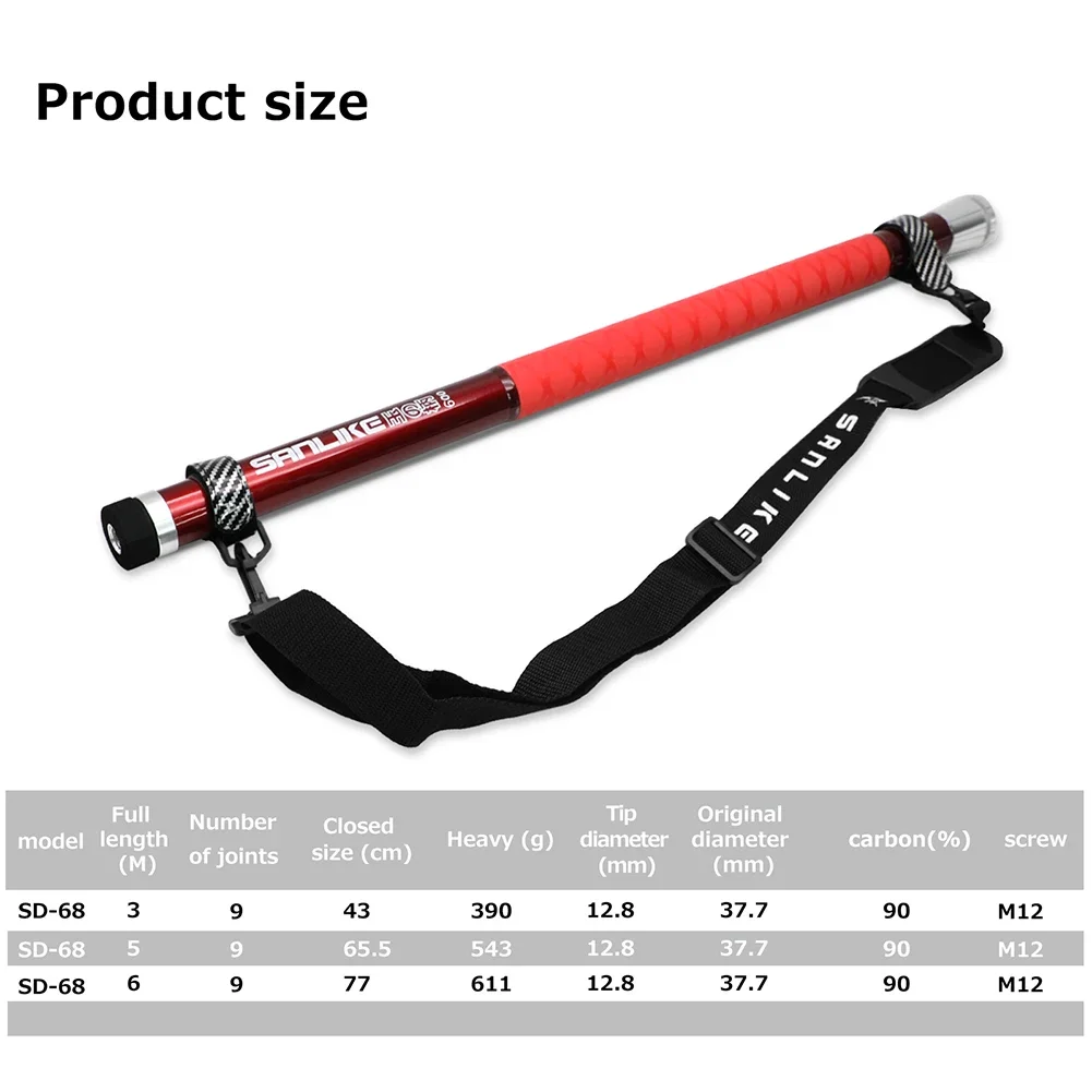 SANLIKE 3m Red Portable Fishing Net Carbon Long Handle Telescopic Collapsible Floor Pole Compact Belt Catch Fishing Net Pole