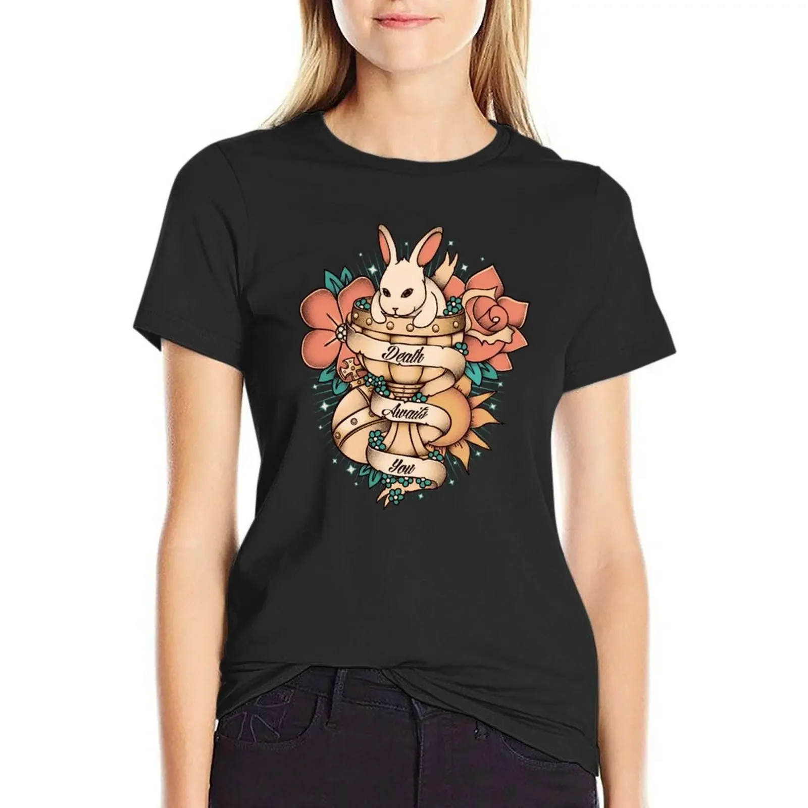 

Holy grail - Death awaits you - Rabbit of Caerbannog T-Shirt quick drying Female clothing blanks spring clothes Women 2025