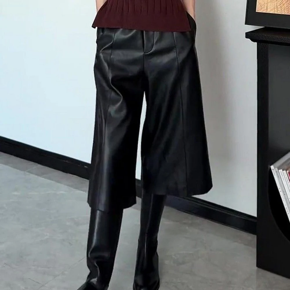 قسط السراويل الجلدية السوداء المرأة الخريف جديد عالية الخصر فضفاضة ورقيقة مزاجه السراويل المستقيمة #1