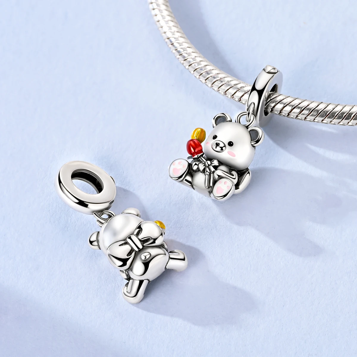 

925 Sterling Silver Little Bear Charms Bead Flowers Dangle Fit Original Bracelet DIY Women Jewelry