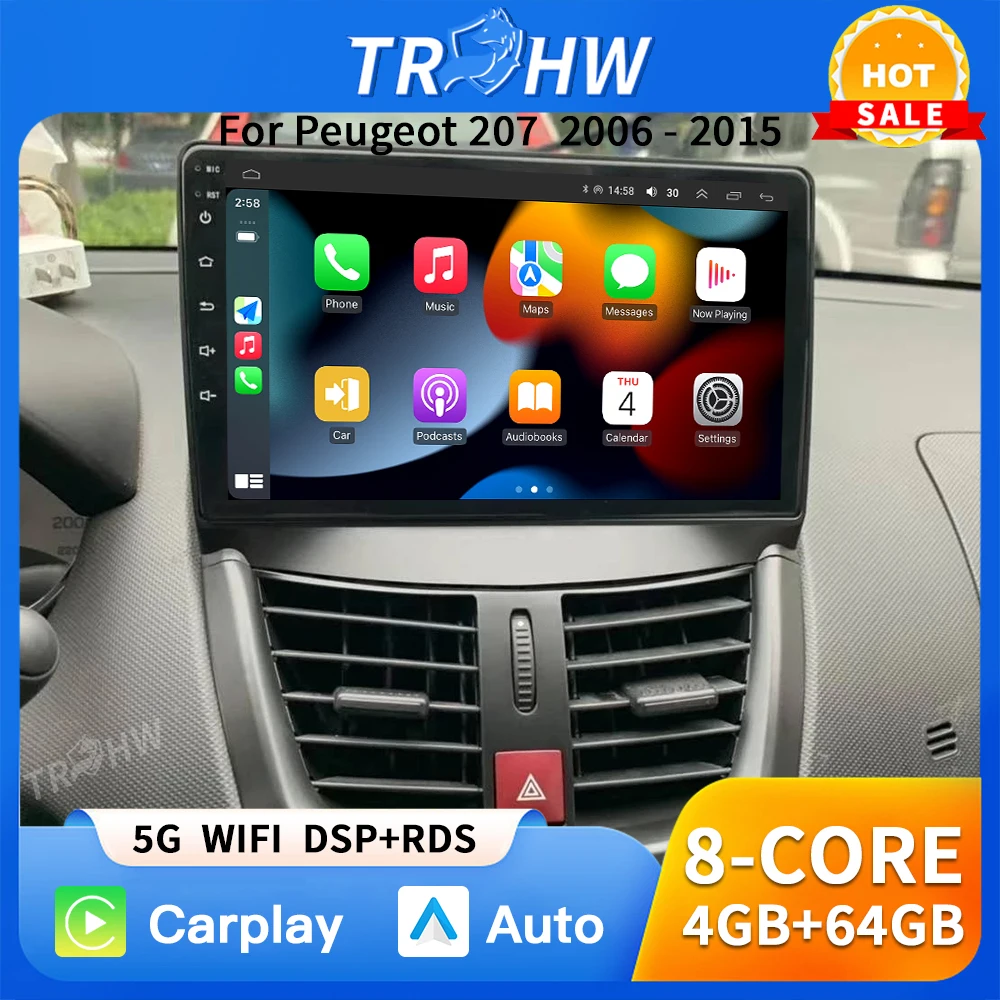 Wireless CarPlay Autoradio for PEUGEOT 207 207CC 2006-201 Car Radio Multimedia Player Android 13 Auto Stereo GPS