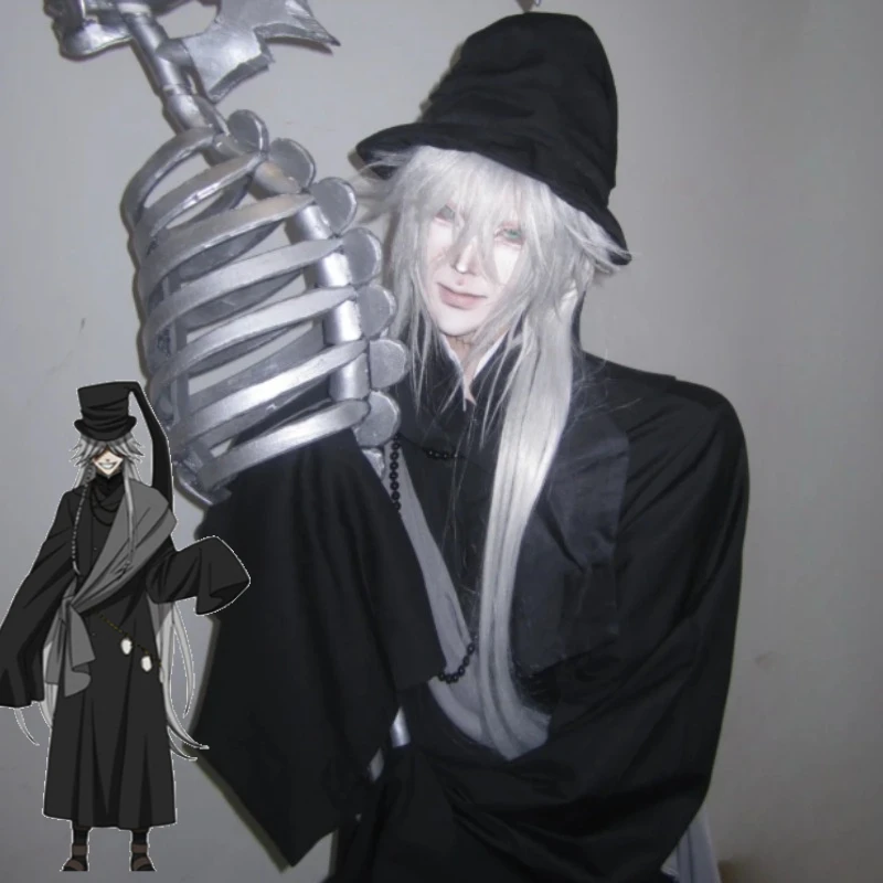 

Long Black Coat Bangs Hair Cosplay Costume Black Butler Undertaker Full Set with Grey Long Wig for Men Halloween Performance