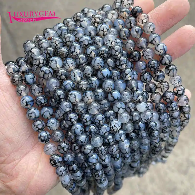 4-12mm Natural Color Black Line Crack Agates Stone Smooth Round Shape Loose Beads DIY Jewelry Accessories 38cm sk571