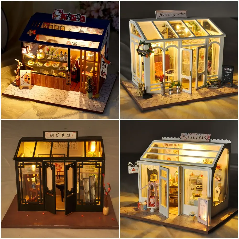 

Multicolor Handmade Assembly Shop Models Japanese Sushi Cake Flower Shop Miniature Doll House With Lights Wood