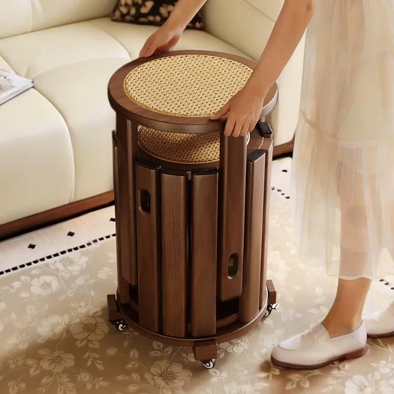 Solid wood stools can be stacked household rattan stacked stools, living room round stools, antique stacked stools, spare