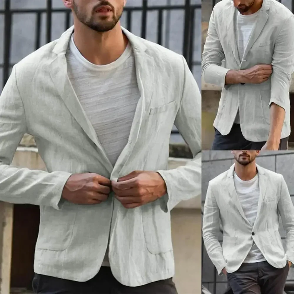 Blazer da uomo a maniche lunghe con tasche Cappotto autunnale Giacca slim Tinta unita in cotone e lino Blazer taglie forti Uomo Matrimonio caldo 3XL