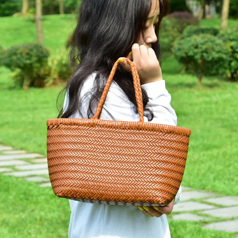 2024 New Summer Genuine Leather Women Woven Shoulder Bag with Inner Bag Female Casual Shopping Bag Vintage Tote Purse Hand Bags