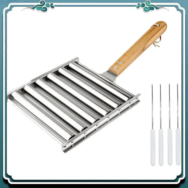 

A67K-Ролик для хот-догов, стойка для рулонов колбас из нержавеющей стали, валик для хот-догов с деревянной ручкой и 4 прочными палочками для хот-догов