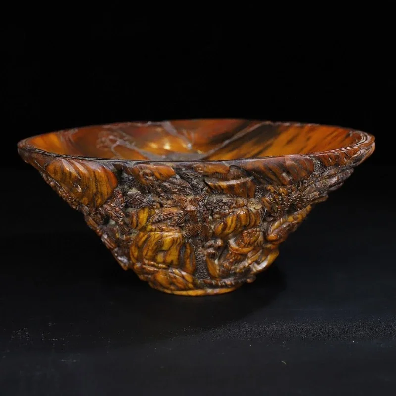 

Horn carving woodcutter chopping wood character large bowl, bowl diameter 24.5 high 11 weight 1154 grams